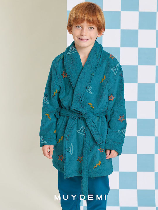 Muydemi Kinder Bademantel Winterlich Fleece Petrol Blau Muydemi Kinder Bademantel Winterlich Fleece Petrol Blau