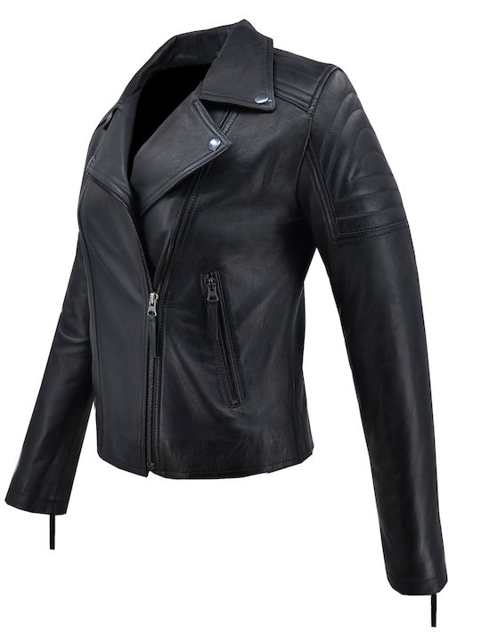 Δερμάτινα 100 Women's Short Biker Leather Jacket for Winter Black