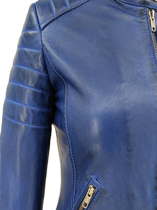 Δερμάτινα 100 Women's Short Biker Leather Jacket for Winter Blue