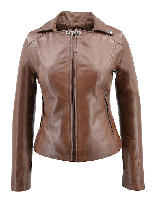 Δερμάτινα 100 Women's Short Biker Leather Jacket for Winter Tabac Brownc Brown