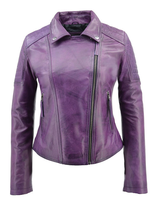 Women's Short Biker Leather Jacket for Winter Purple