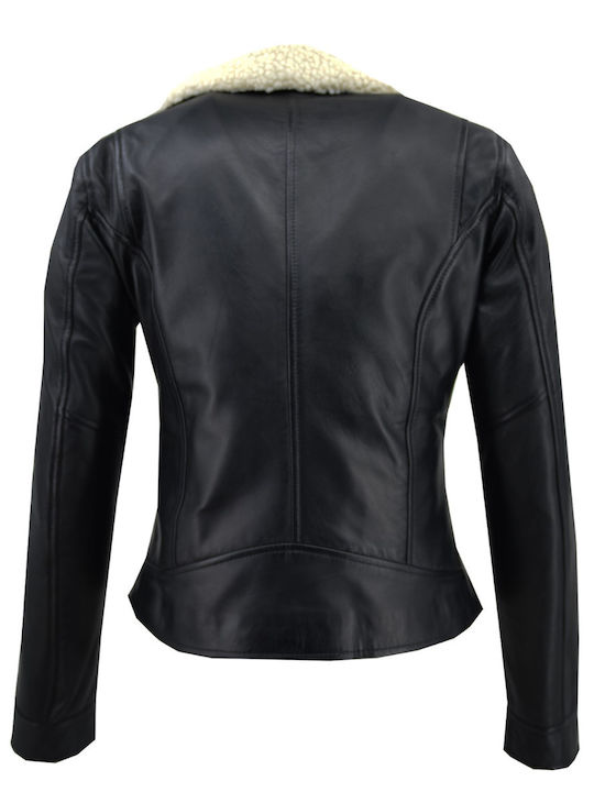 Δερμάτινο Γυναικείο Biker Jacket με Επένδυση Γούνας Μαύρο