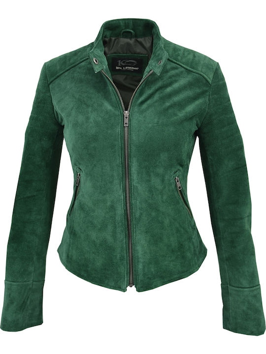 Δερμάτινα 100 Women's Short Biker Leather Jacket for Winter Green.