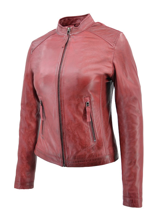 Women's Short Biker Leather Jacket for Winter Red