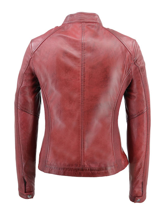 Women's Short Biker Leather Jacket for Winter Red