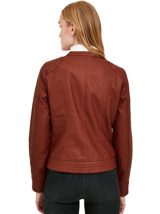 Byoung Women's Short Biker Jacket for Winter Brown