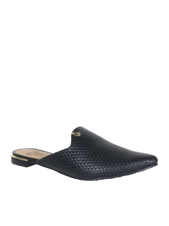 Flach Leder Mules in Schwarz Farbe