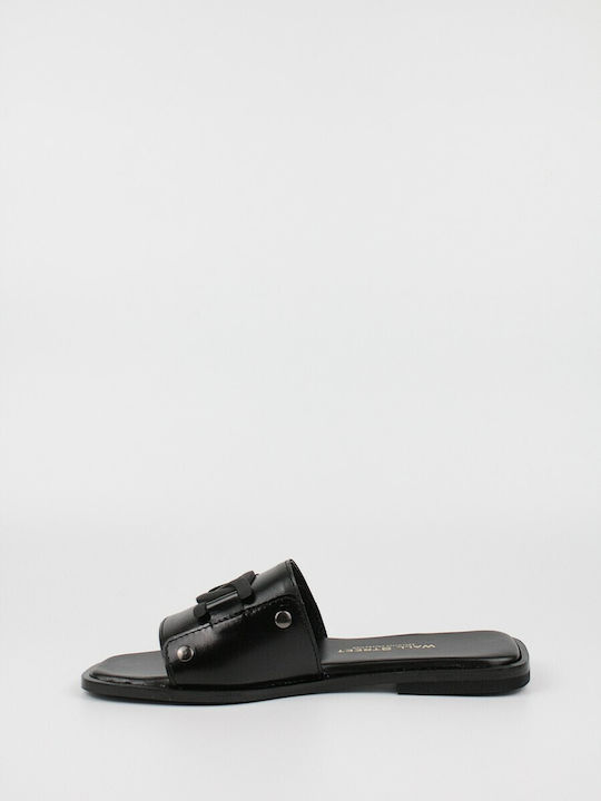 Wall Street Flat Leather Mules Black