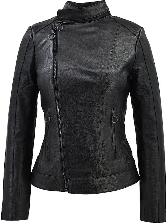 Δερμάτινα 100 Women's Short Biker Leather Jacket for Spring or Autumn Black