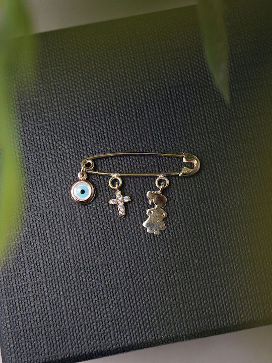 Kiriakos Gofas Child Safety Pin made of Gold 9K with Cross for Girl