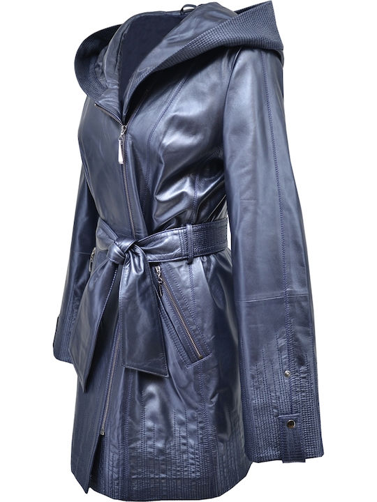 Δερμάτινα 100 Women's Leather Midi Half Coat with Zipper and Hood Blue