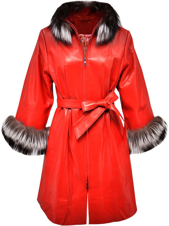 Δερμάτινα 100 Women's Leather Midi Half Coat with Zipper and Fur Red