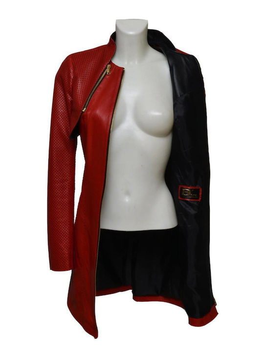 Δερμάτινα 100 Women's Leather Midi Coat with Zipper Red