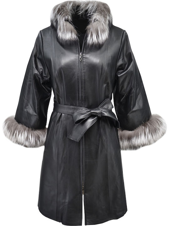Δερμάτινα 100 Women's Leather Midi Half Coat with Zipper and Fur Black