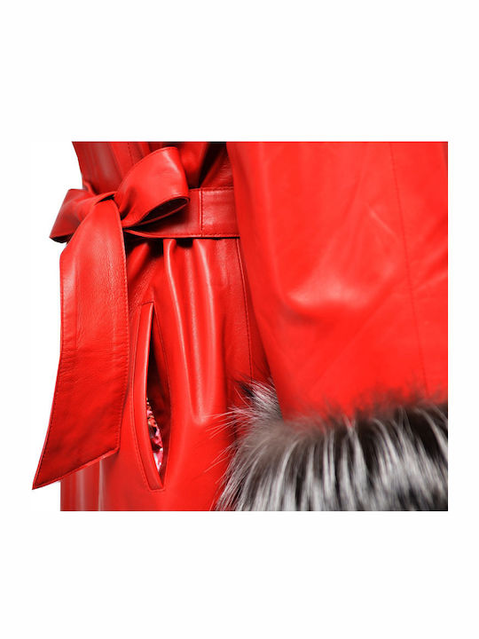Leather Women's Red Peacoat with Fur Details
