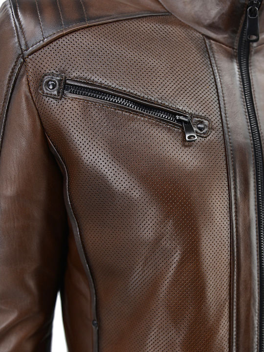 Δερμάτινα 100 Men's Winter Leather Biker Jacket Brown