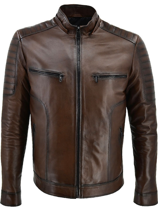 Δερμάτινα 100 Men's Winter Leather Biker Jacket Waterproof Brown