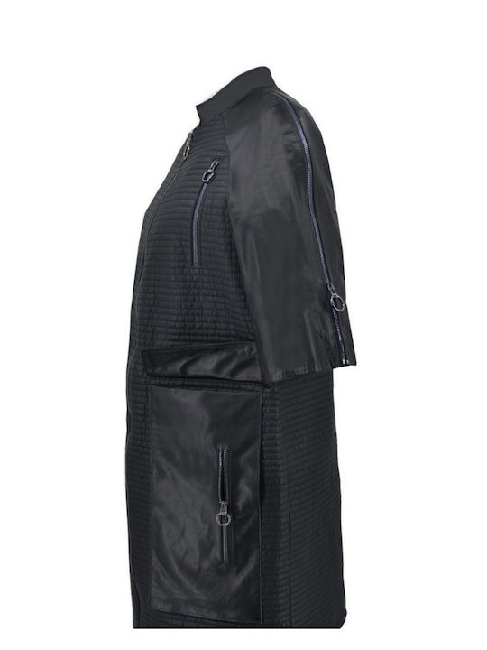 Women's Long Lifestyle Leather Jacket for Spring or Autumn Black