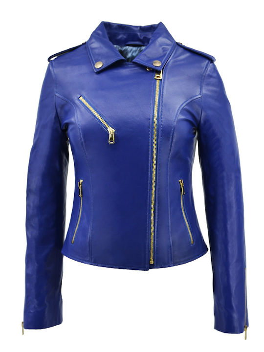 Δερμάτινα 100 Women's Short Biker Leather Jacket for Spring or Autumn Blue