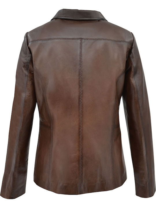 Women's Short Lifestyle Leather Jacket for Winter Brown