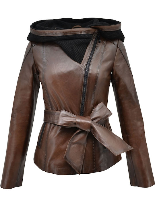 Dermatina 100 Women's Short Lifestyle Leather Jacket for Winter with Hood Brown