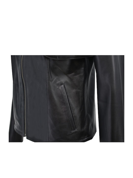 Women's Short Lifestyle Leather Jacket for Spring or Autumn Black