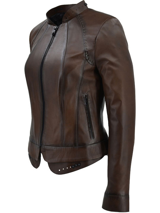 Δερμάτινα 100 Δερμάτινο Γυναικείο Biker Jacket Καφέ