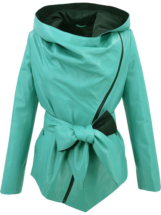 Δερμάτινα 100 Women's Long Lifestyle Leather Jacket for Winter with Hood Turquoise