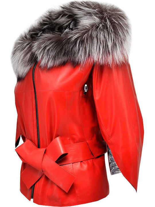 Women's Short Lifestyle Leather Jacket for Winter Red