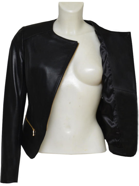 Δερμάτινα 100 Women's Short Biker Leather Jacket for Winter Black