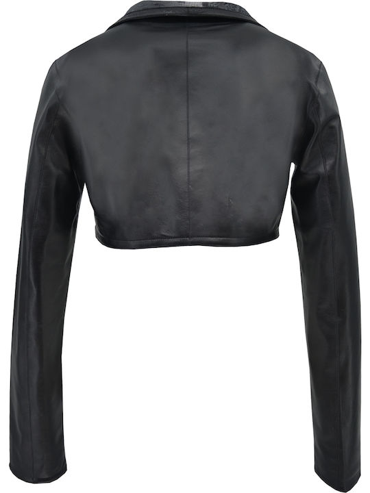 Women's Short Lifestyle Leather Jacket for Spring or Autumn Black