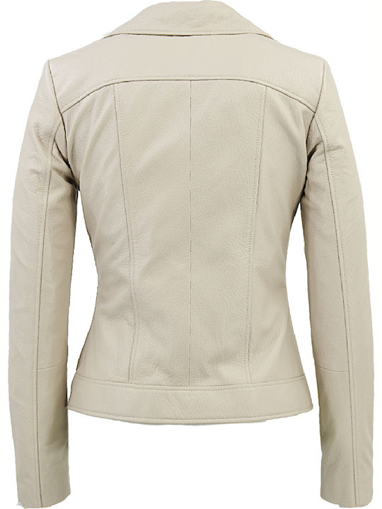 Women's Short Biker Leather Jacket for Winter Beige