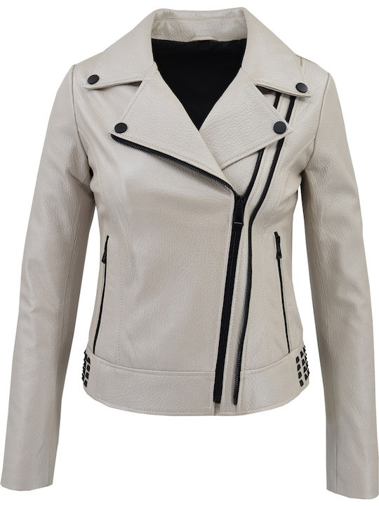 Δερμάτινα 100 Women's Short Biker Leather Jacket for Winter Gray