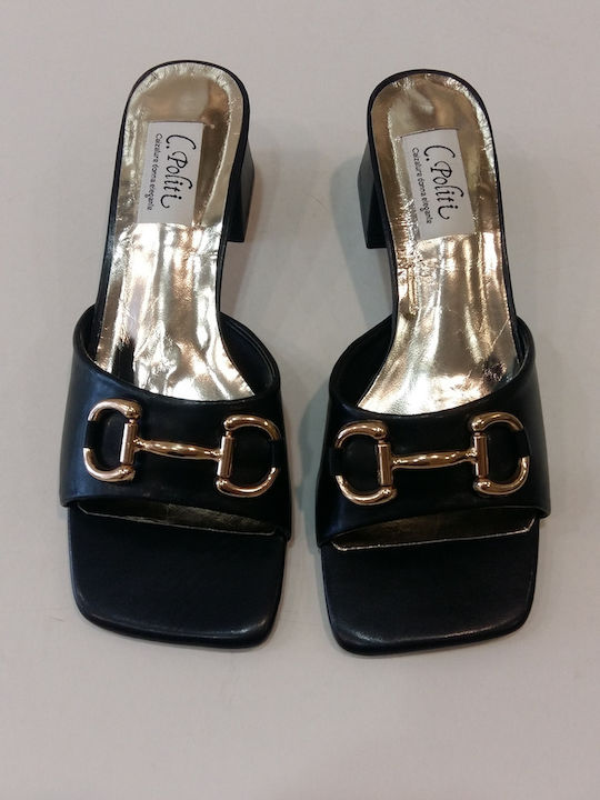 Leather Mules with Chunky Low Heel in Black Color