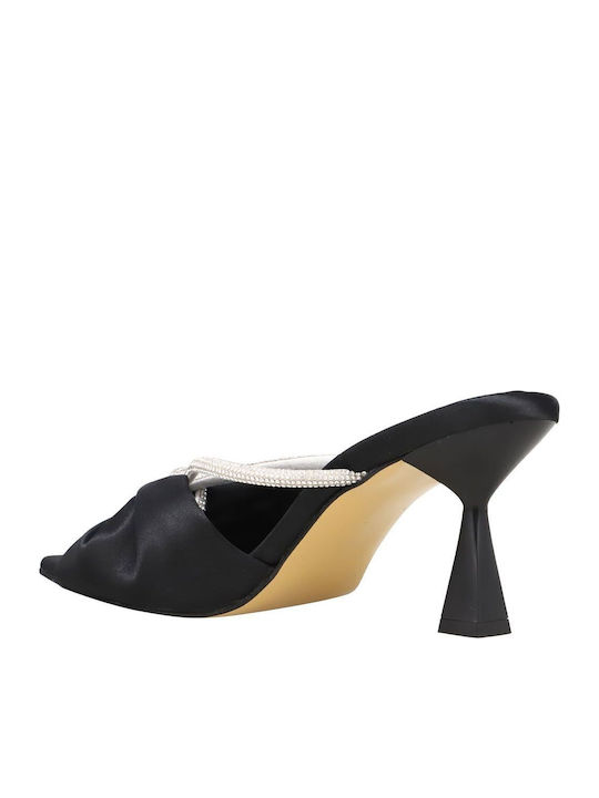 Satin Mules with Chunky High Heel in Black Color