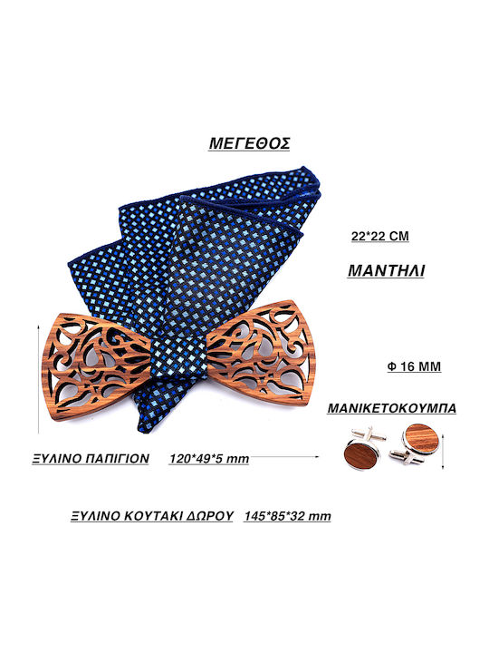 Legend Accessories Wooden Bow Tie Set with Cufflinks and Pochette Navy Blue