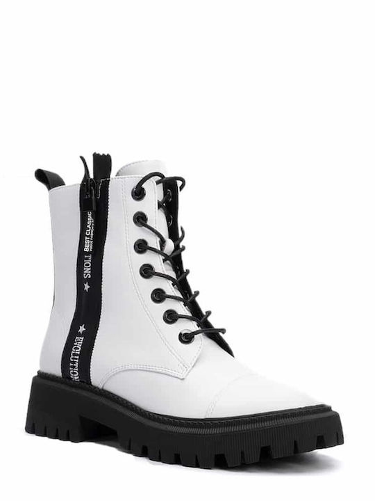 Favela Women's Leather Medium Heel Combat Boots White