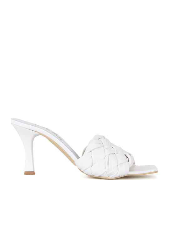 Mules with Thin High Heel in White Color