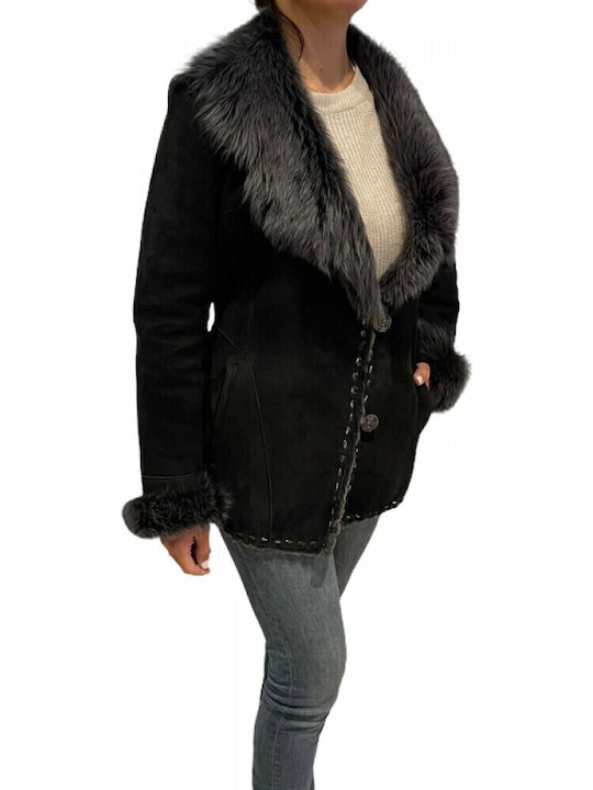 Mouton Women's Black Peacoat with Fur Details