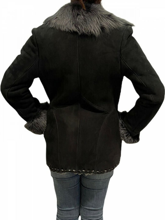 Mouton Women's Black Peacoat with Fur Details