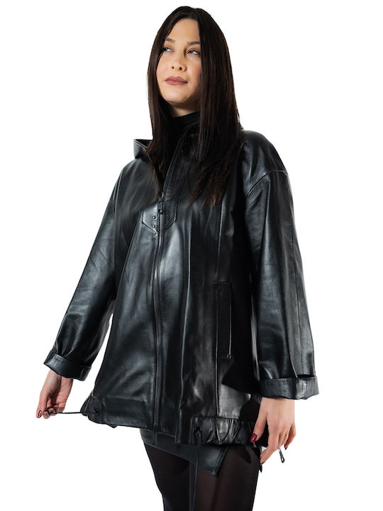 MARKOS LEATHER Women's Short Lifestyle Leather Jacket for Winter with Detachable Hood Black