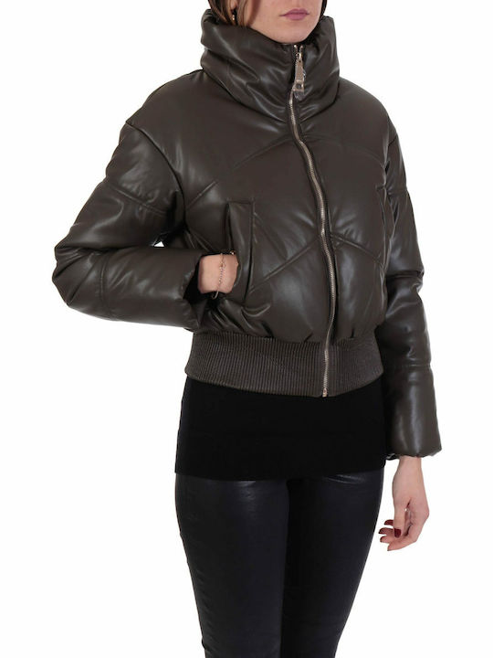 Liu Jo Women's Short Lifestyle Artificial Leather Jacket for Winter Khaki