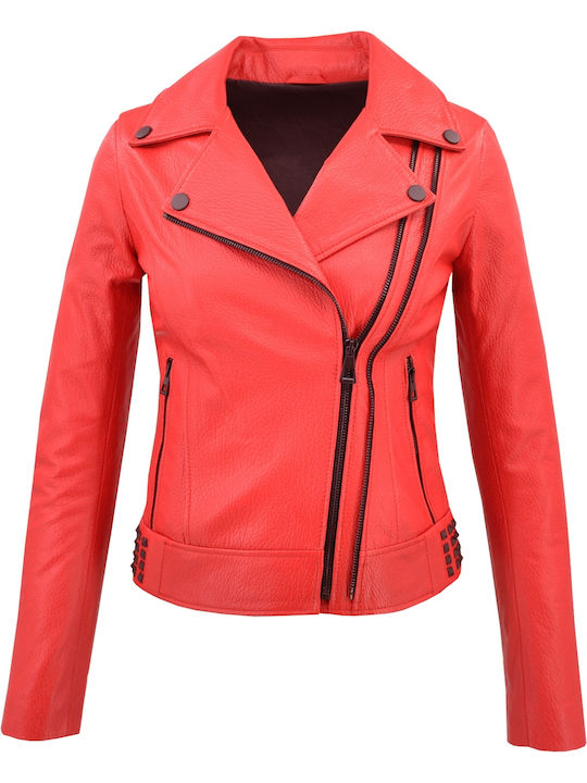 Δερμάτινα 100 Δερμάτινο Γυναικείο Biker Jacket Κόκκινο