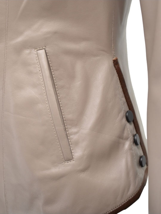 Women's Short Lifestyle Leather Jacket for Spring or Autumn Beige