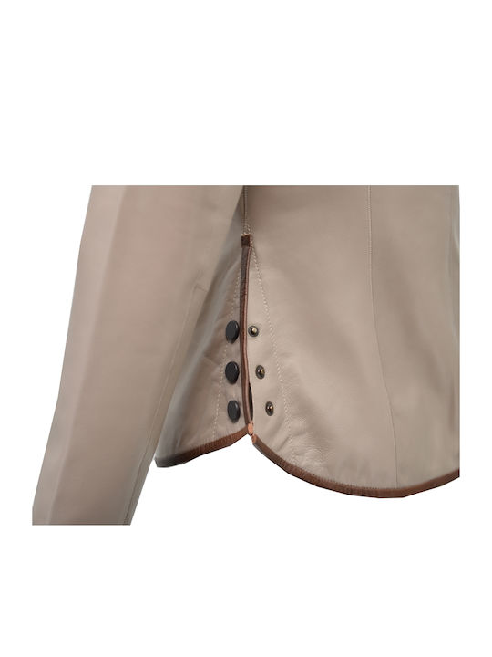 Women's Short Lifestyle Leather Jacket for Spring or Autumn Beige