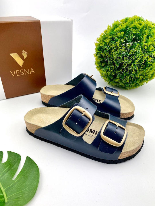 Vesna Leather Women's Flat Sandals Anatomic in Navy Blue Color