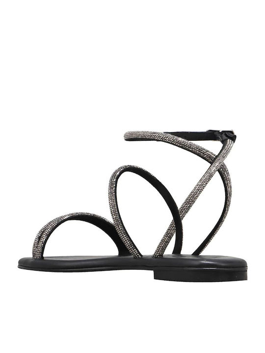 Leather Women's Flat Sandals in Black Color