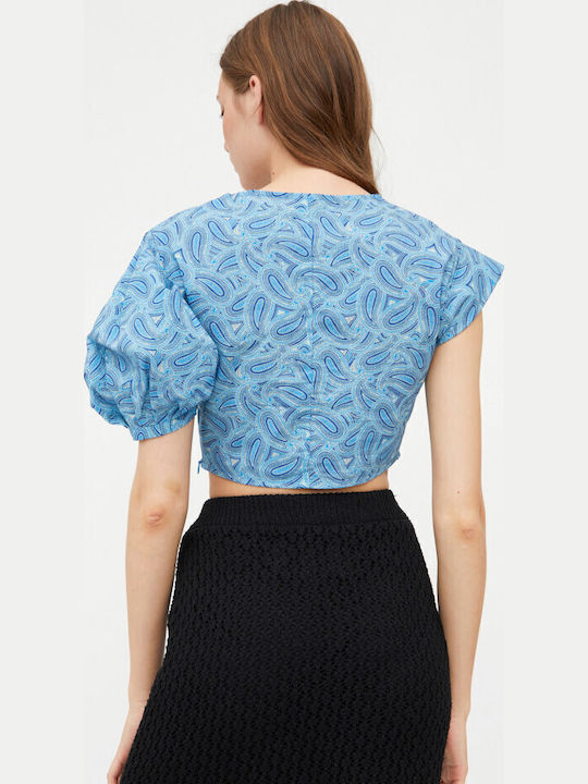 Women's Summer Crop Top Cotton Short Sleeve Blue
