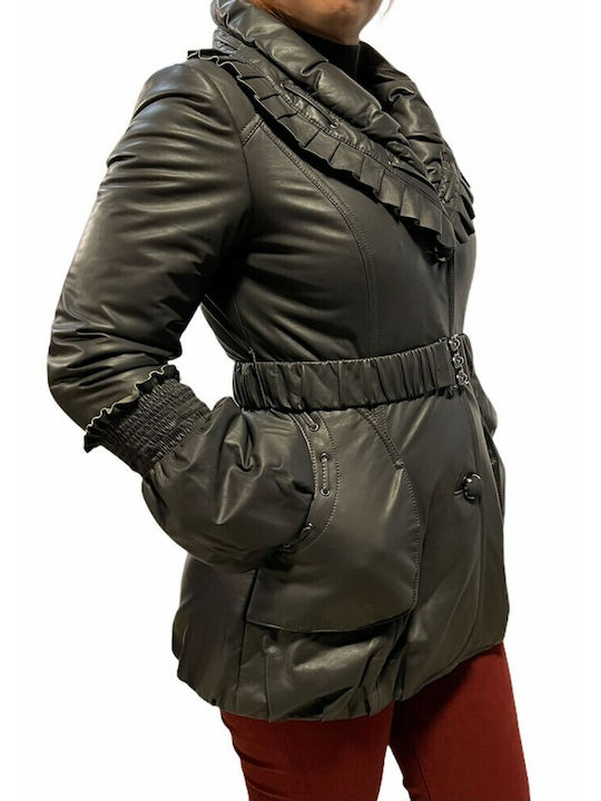 MARKOS LEATHER Women's Long Lifestyle Artificial Leather Jacket for Winter Gray