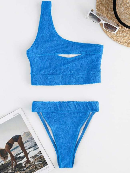 Set Bikini Un umăr & Brazilia Talie înaltă Albastru